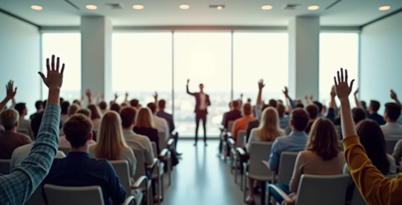 Vue d'ensemble d'une assemblée générale de copropriété en cours de vote
