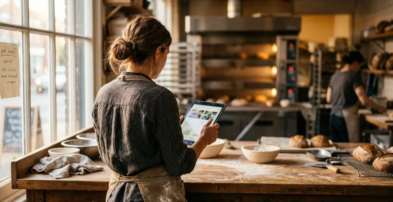 Un artisan boulanger vu de dos consulte des documents sur une tablette dans son fournil baigné de lumière matinale