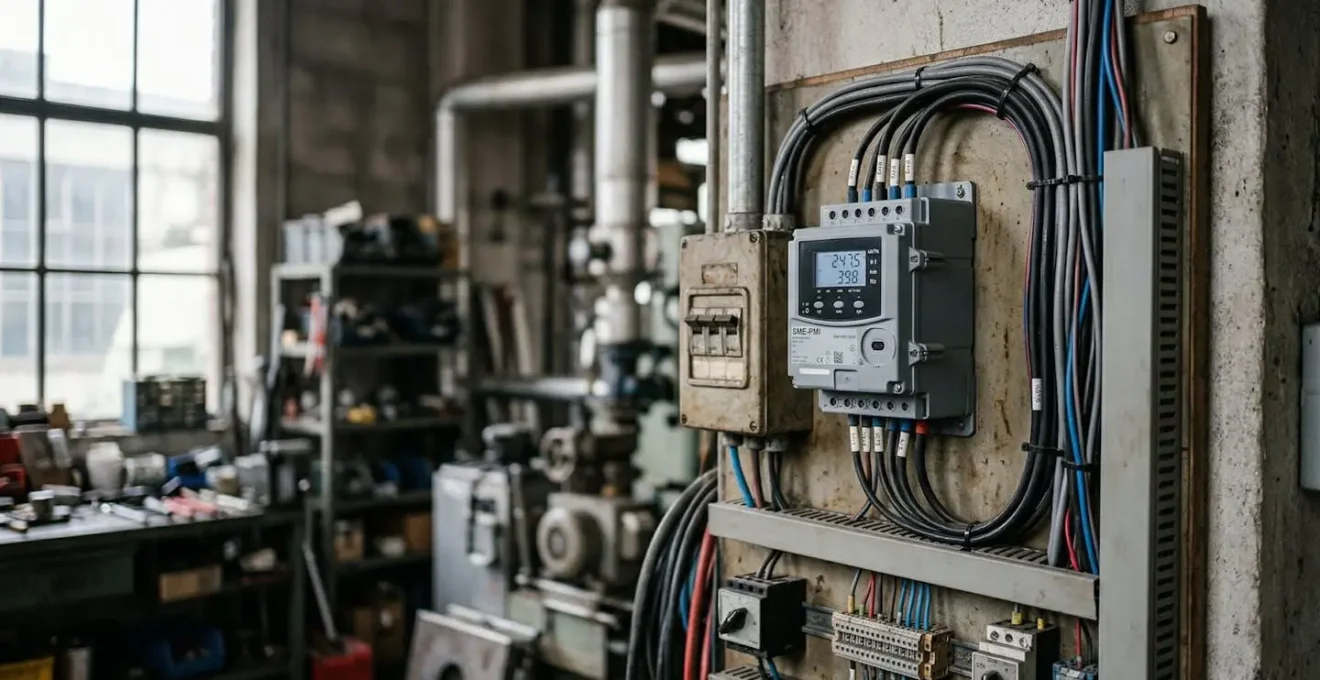 Un compteur électrique PME-PMI installé dans un local technique industriel avec câbles apparents