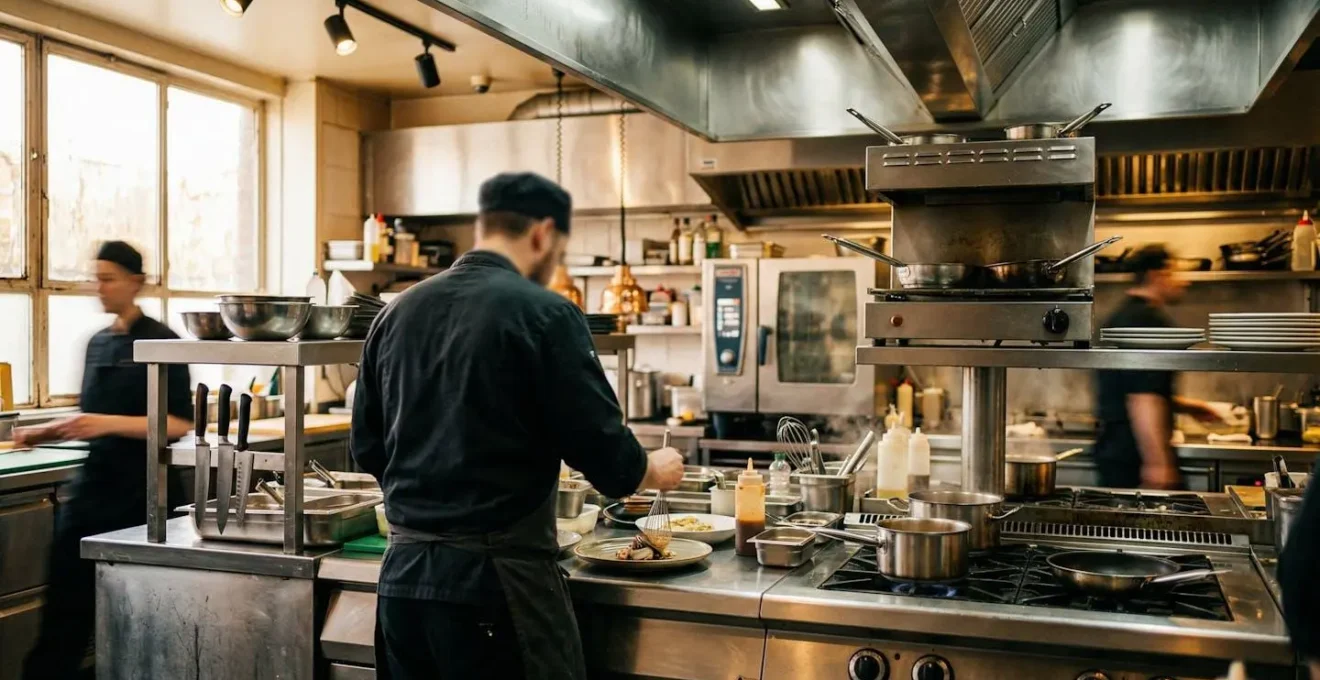 Une cuisine de restaurant professionnel vue de trois-quarts avec équipements inox et un chef de dos préparant un service