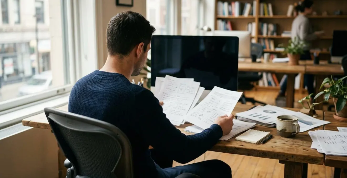 Un professionnel de dos analyse des documents posés sur un bureau moderne, tasse de café à proximité, dans une ambiance chaleureuse de bureau PME