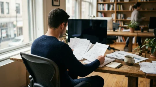 Un professionnel de dos analyse des documents posés sur un bureau moderne, tasse de café à proximité, dans une ambiance chaleureuse de bureau PME