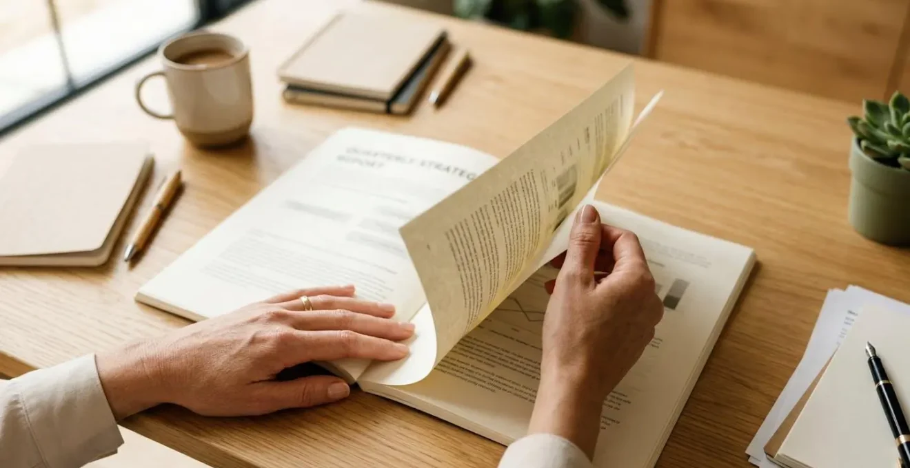 Mains d'un professionnel feuilletant une facture papier, vue plongeante sur un bureau épuré baigné de lumière naturelle