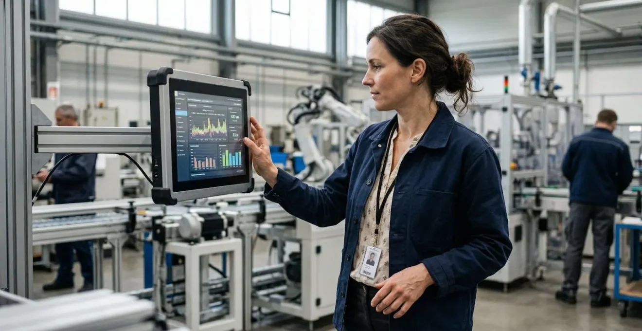 Responsable énergie consultant un écran de monitoring de consommation dans un atelier industriel