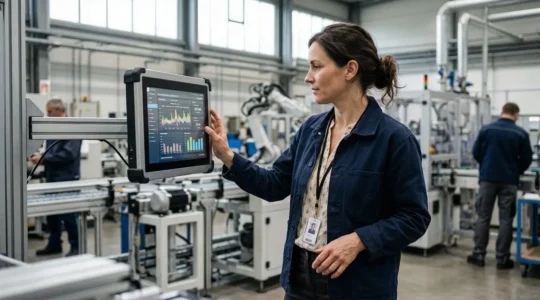 Responsable énergie consultant un écran de monitoring de consommation dans un atelier industriel