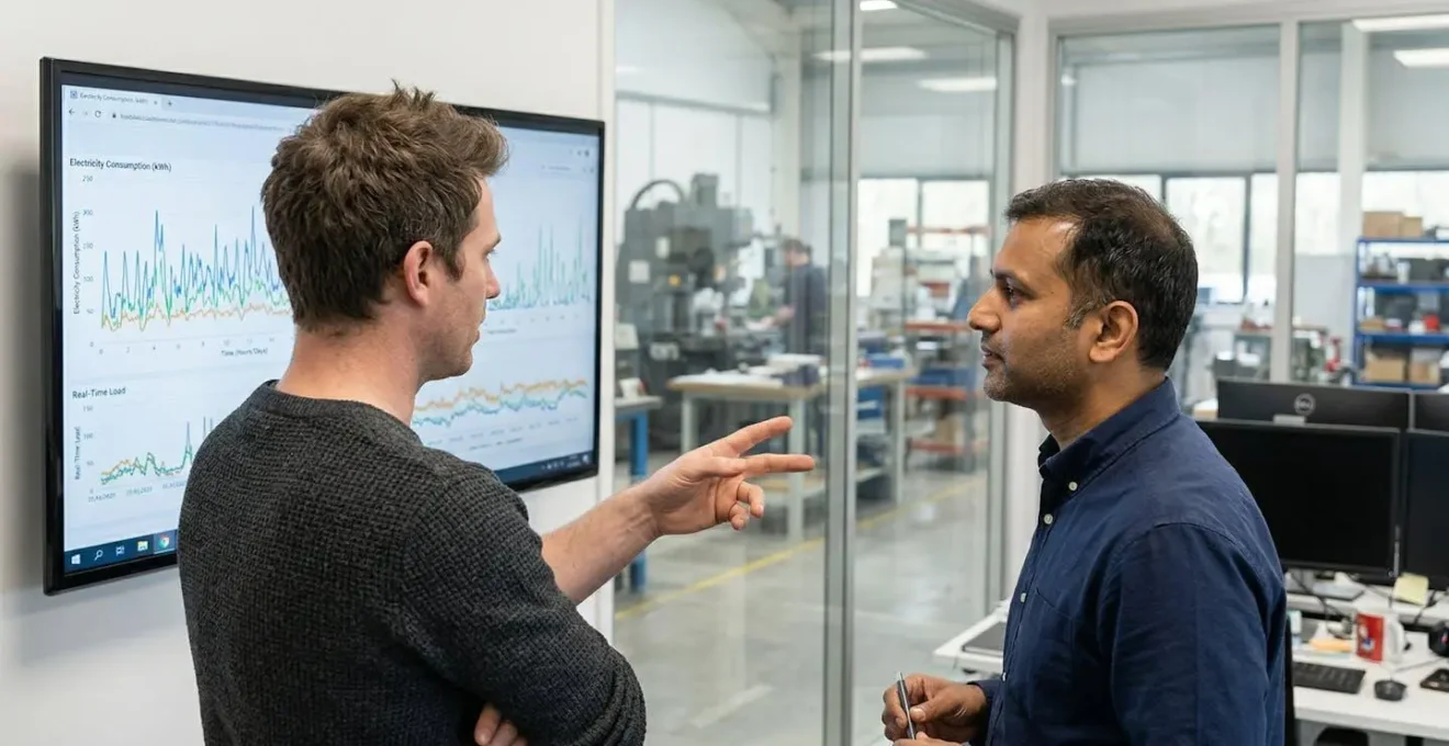 Deux professionnels analysant des graphiques de consommation électrique en entreprise