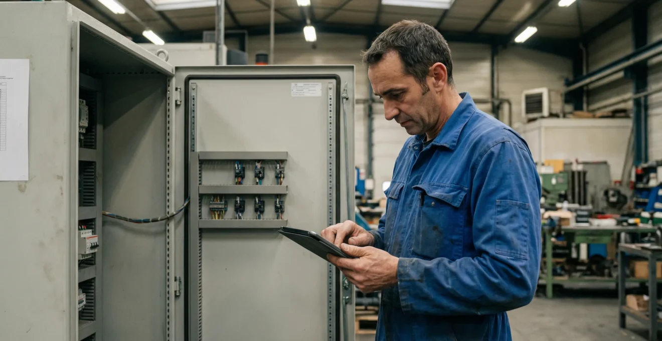 Électricien inspectant une armoire électrique haute tension en usine