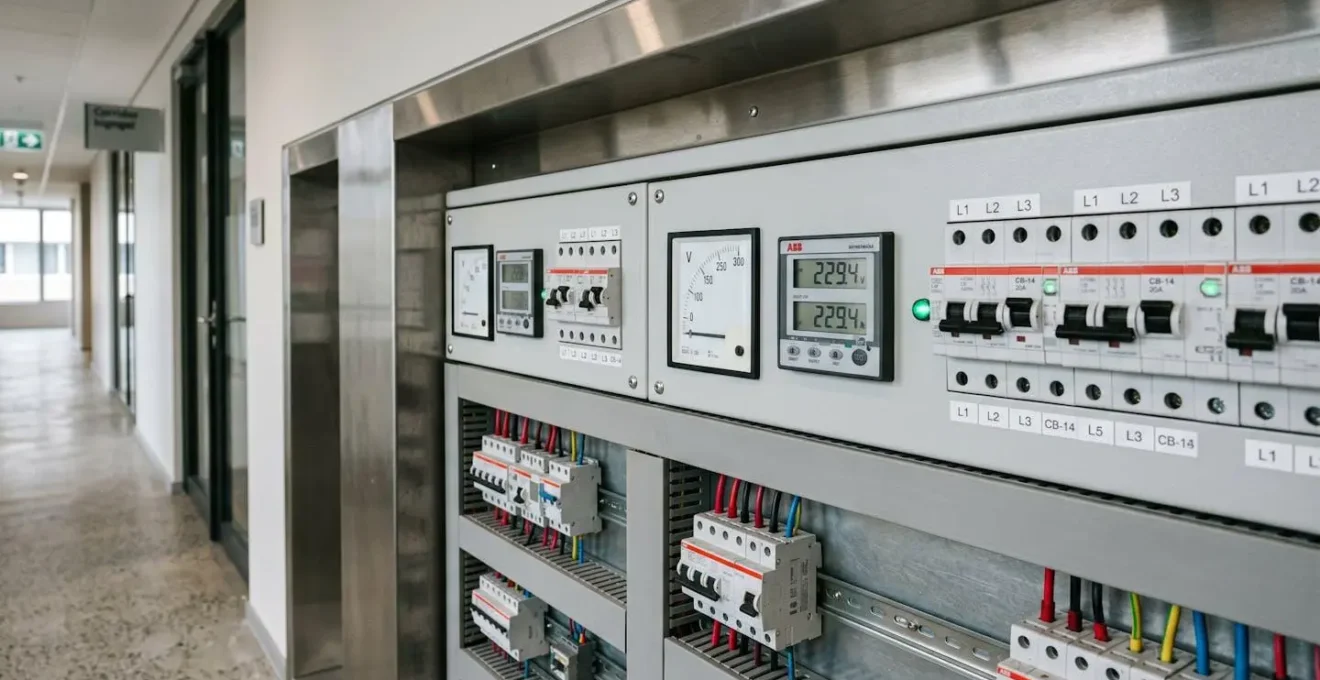Tableau électrique d'un immeuble de bureaux avec compteurs individuels et étiquettes de puissance souscrite