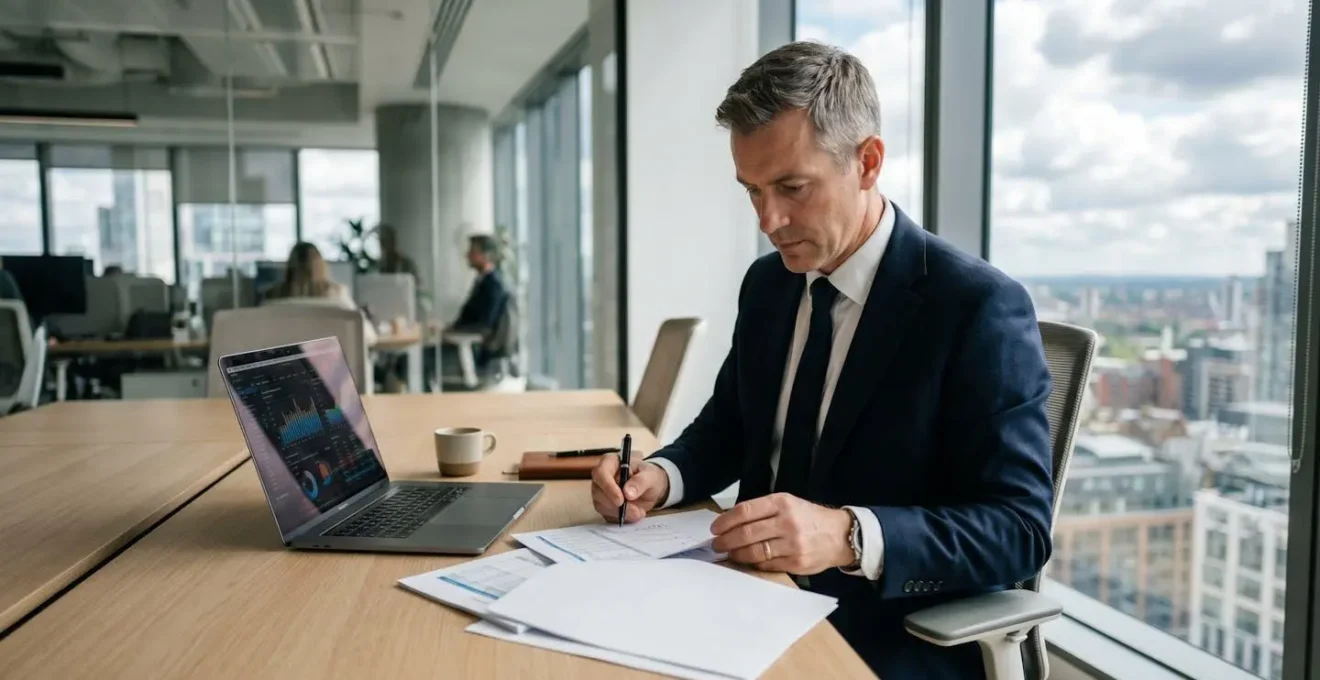 Directeur financier analysant une facture d'électricité industrielle à son bureau dans un open space moderne