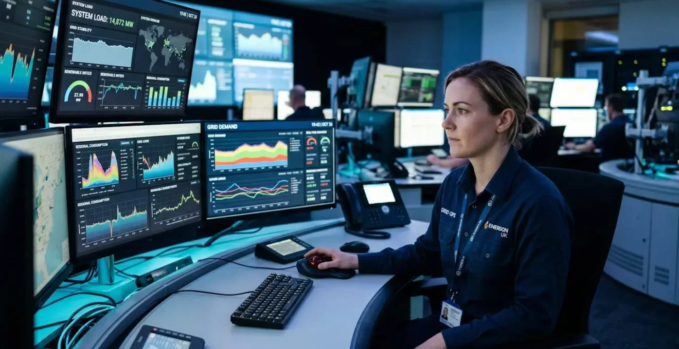 Technicien industriel devant un tableau de bord de suivi de consommation électrique en salle de contrôle