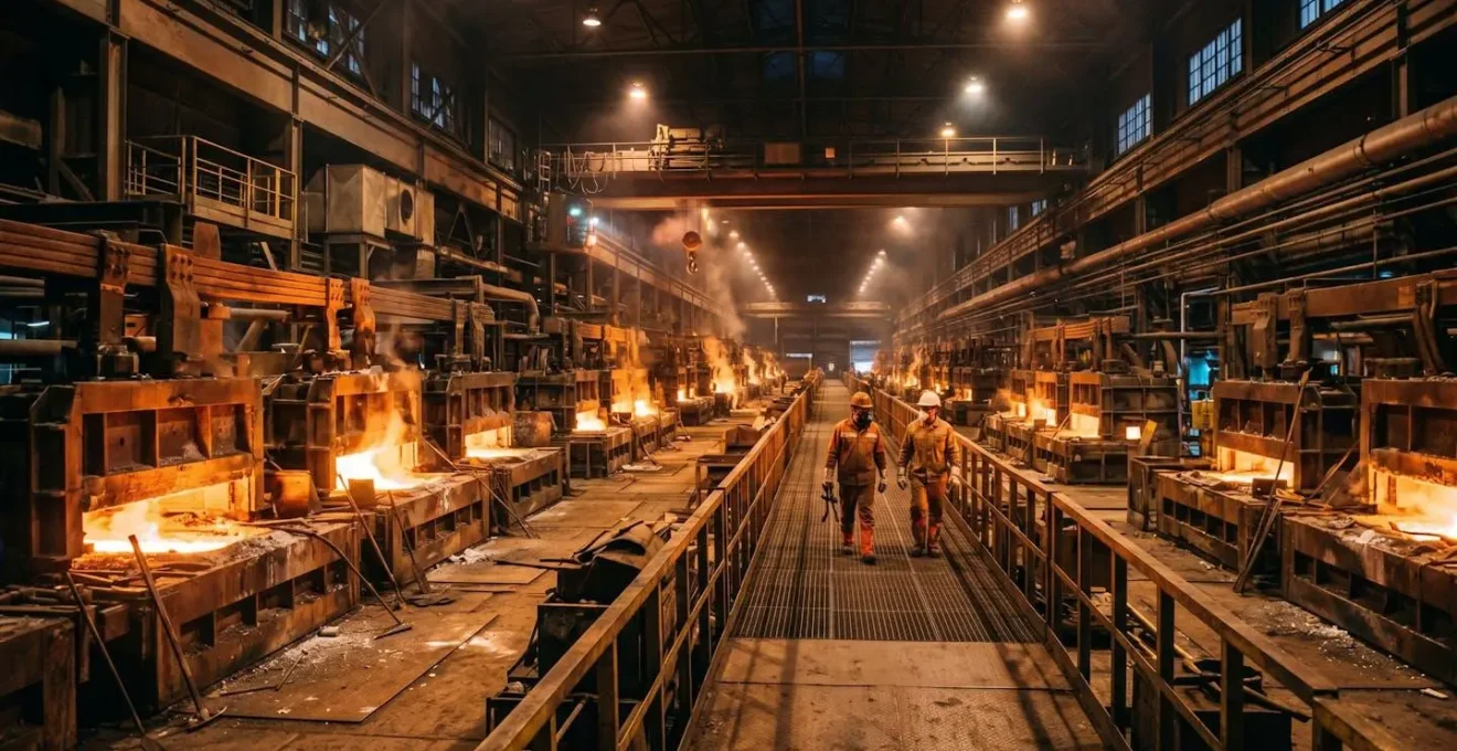 Vue intérieure d'une salle d'électrolyse industrielle avec rangées de cuves de production d'aluminium