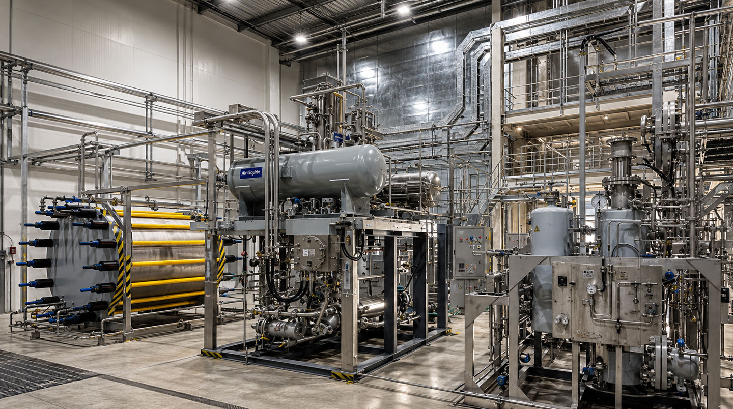 Vue intérieure d'une salle d'électrolyse industrielle avec rangées de cuves de production d'aluminium