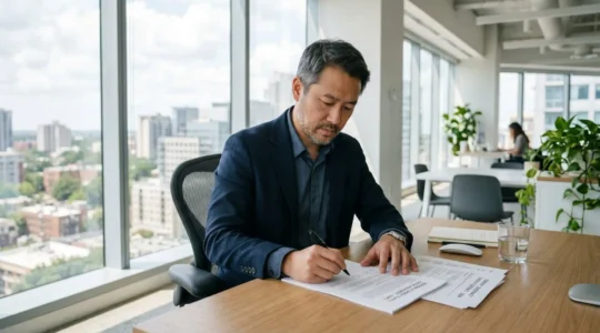 Dirigeant d'entreprise analysant des documents de contrat d'énergie avec des graphiques de consommation