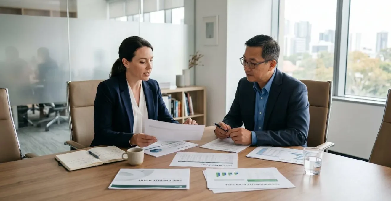 Dirigeant de PME en réunion avec un conseiller spécialisé en énergie, documents contractuels sur la table