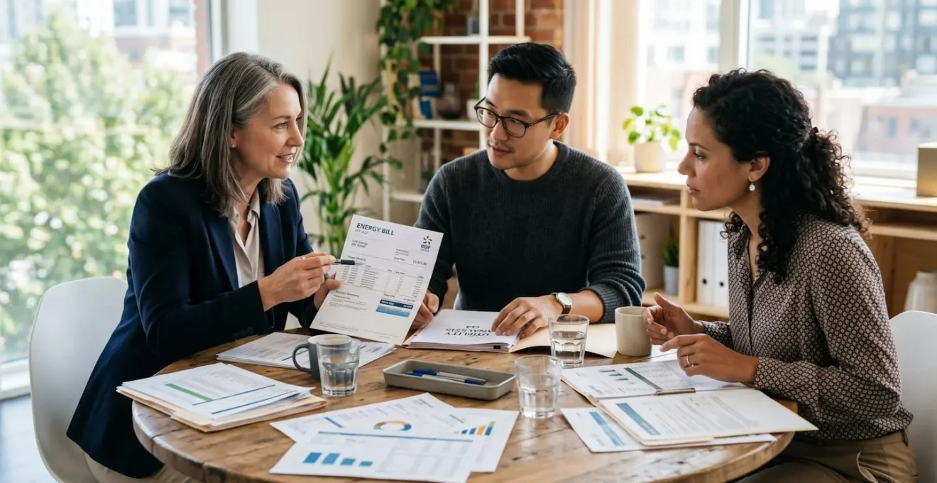 Équipe d'entreprise réunie autour d'une table pour analyser leurs factures d'énergie et optimiser leurs contrats