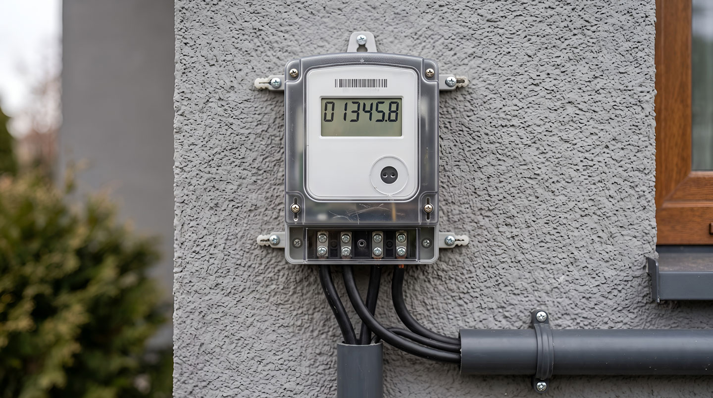 Écran LCD d'un compteur PME-PMI Itron affichant les paramètres de puissance et codes de données de consommation