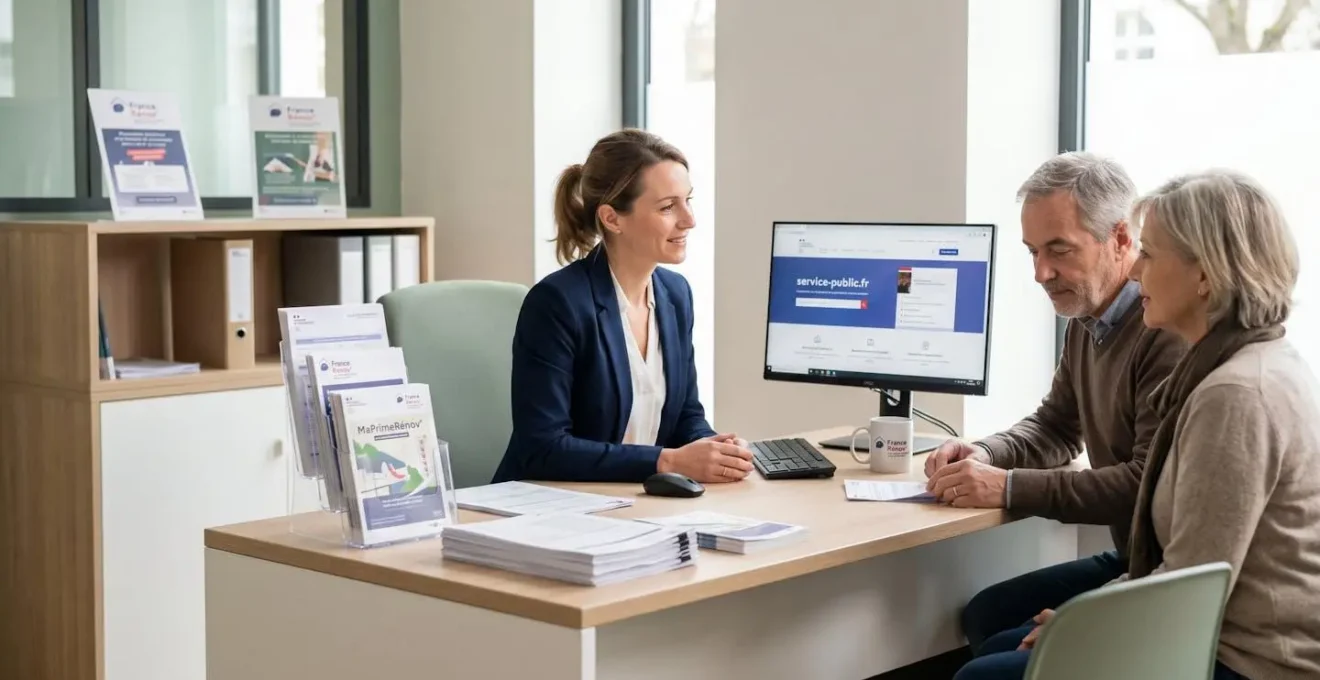 Conseillère France Rénov' accueillant un couple avec documents administratifs et écran affichant le site service-public.fr
