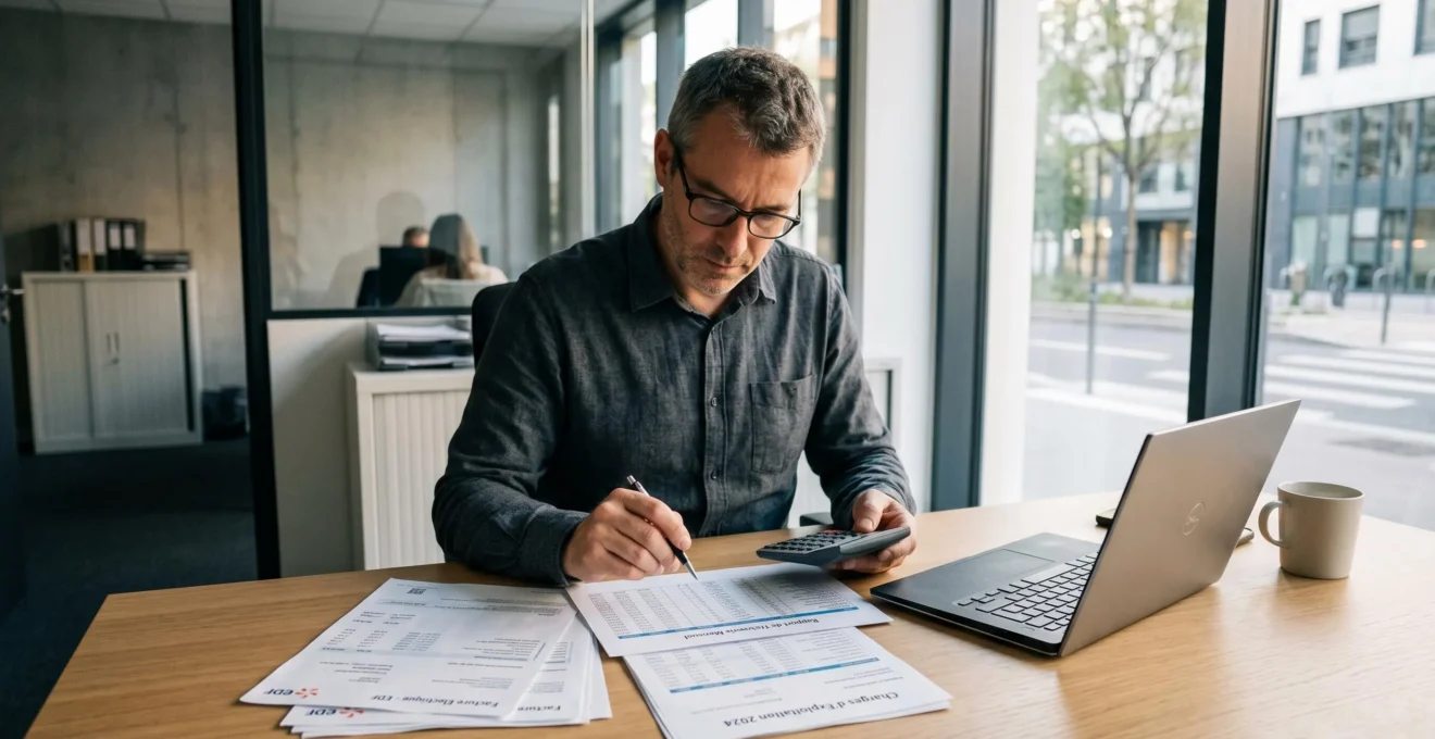 Dirigeant de PME analysant des factures énergétiques dans son bureau
