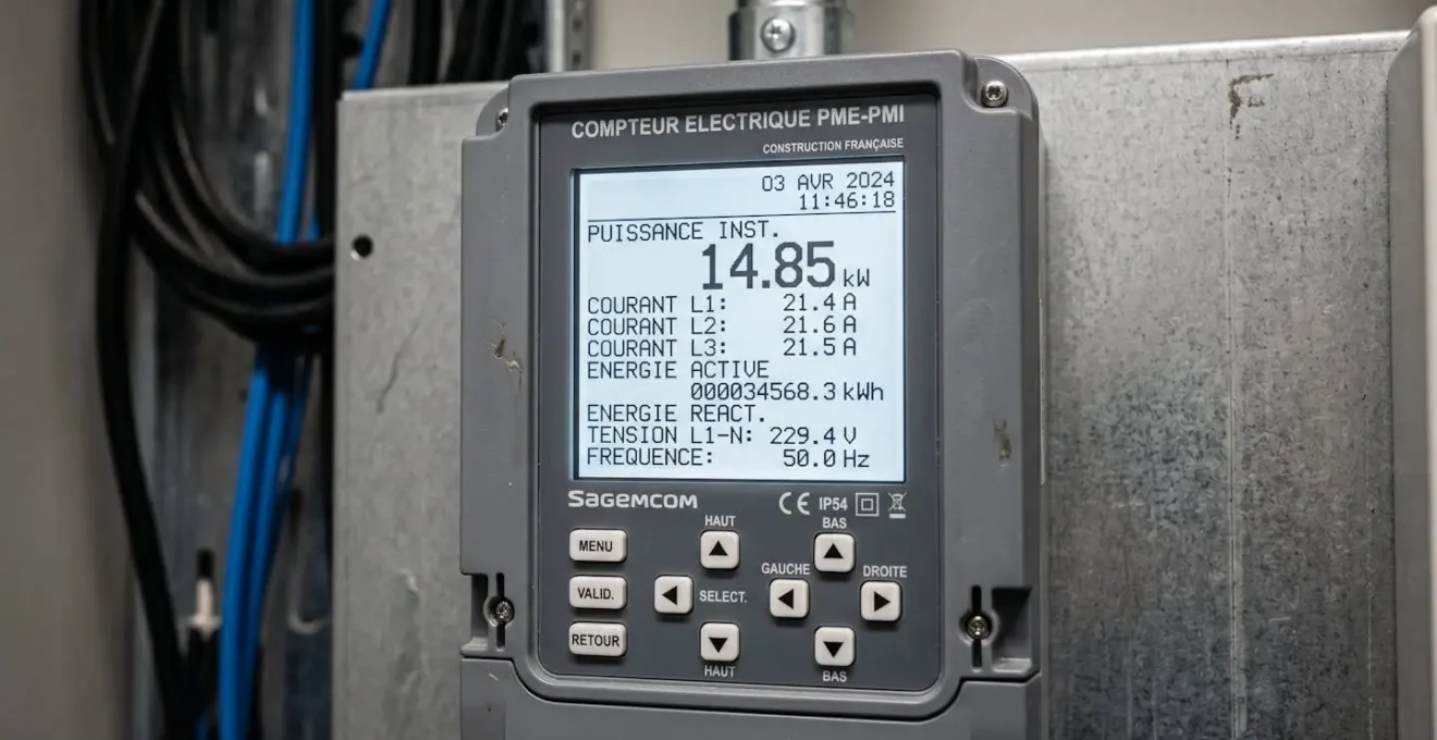 Écran LCD d'un compteur PME-PMI Itron affichant les paramètres de puissance et codes de données de consommation