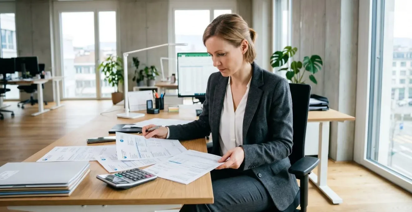 Responsable administratif comparant des contrats d'énergie dans un bureau professionnel moderne avec documents et calculatrice