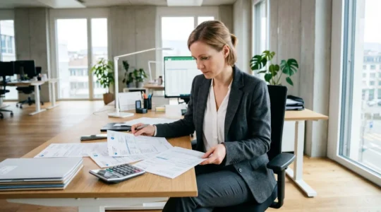 Responsable administratif comparant des contrats d'énergie dans un bureau professionnel moderne avec documents et calculatrice