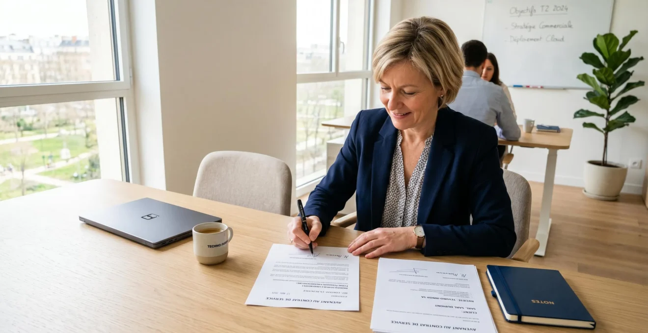 Responsable d'entreprise signant un avenant de modification de puissance électrique sur un bureau moderne avec documents contractuels