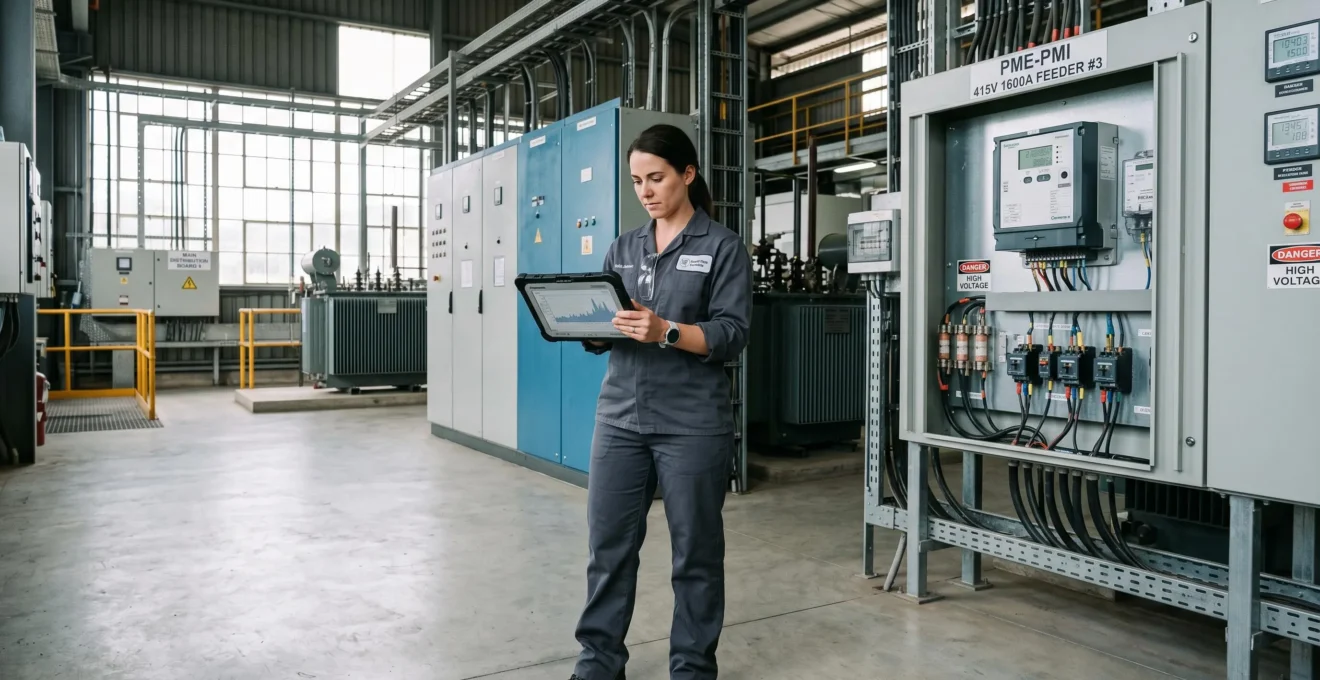 Technicien analysant les données de consommation électrique sur tablette devant un compteur PME-PMI dans un local technique industriel moderne