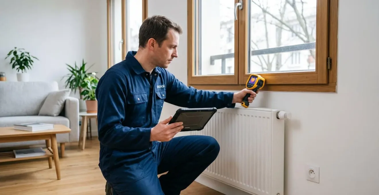 Technicien réalisant un audit énergétique avec tablette et appareil de mesure dans un salon avec radiateur et fenêtre double vitrage