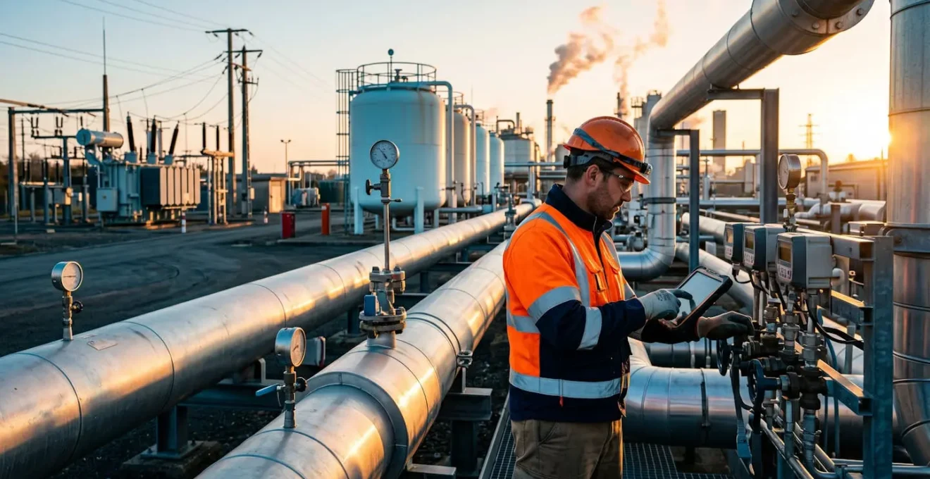 Technicien contrôlant des installations énergétiques industrielles avec cuves de stockage en arrière-plan