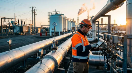 Technicien contrôlant des installations énergétiques industrielles avec cuves de stockage en arrière-plan