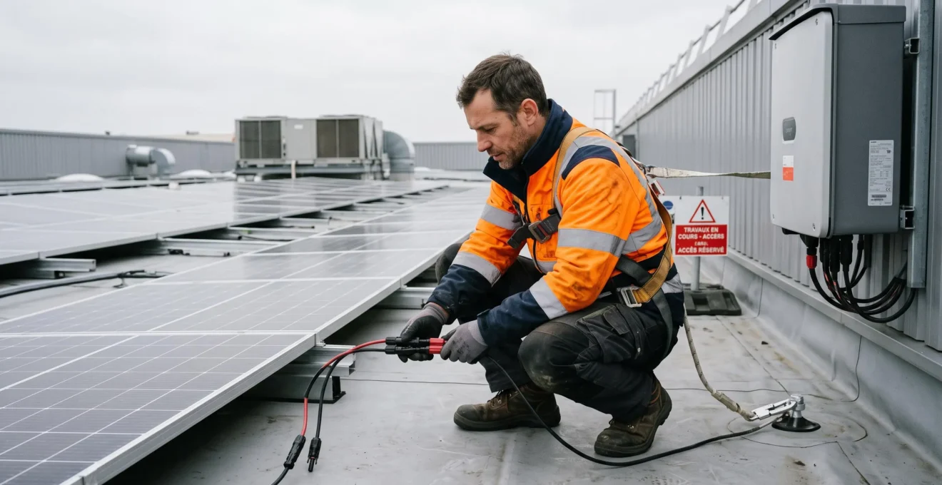 Installateur photovoltaïque connectant des câbles électriques entre panneaux solaires et onduleur sur toiture commerciale