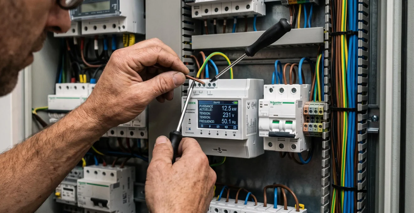 Mains d'électricien installant un compteur intelligent de monitoring énergétique sur un rail DIN