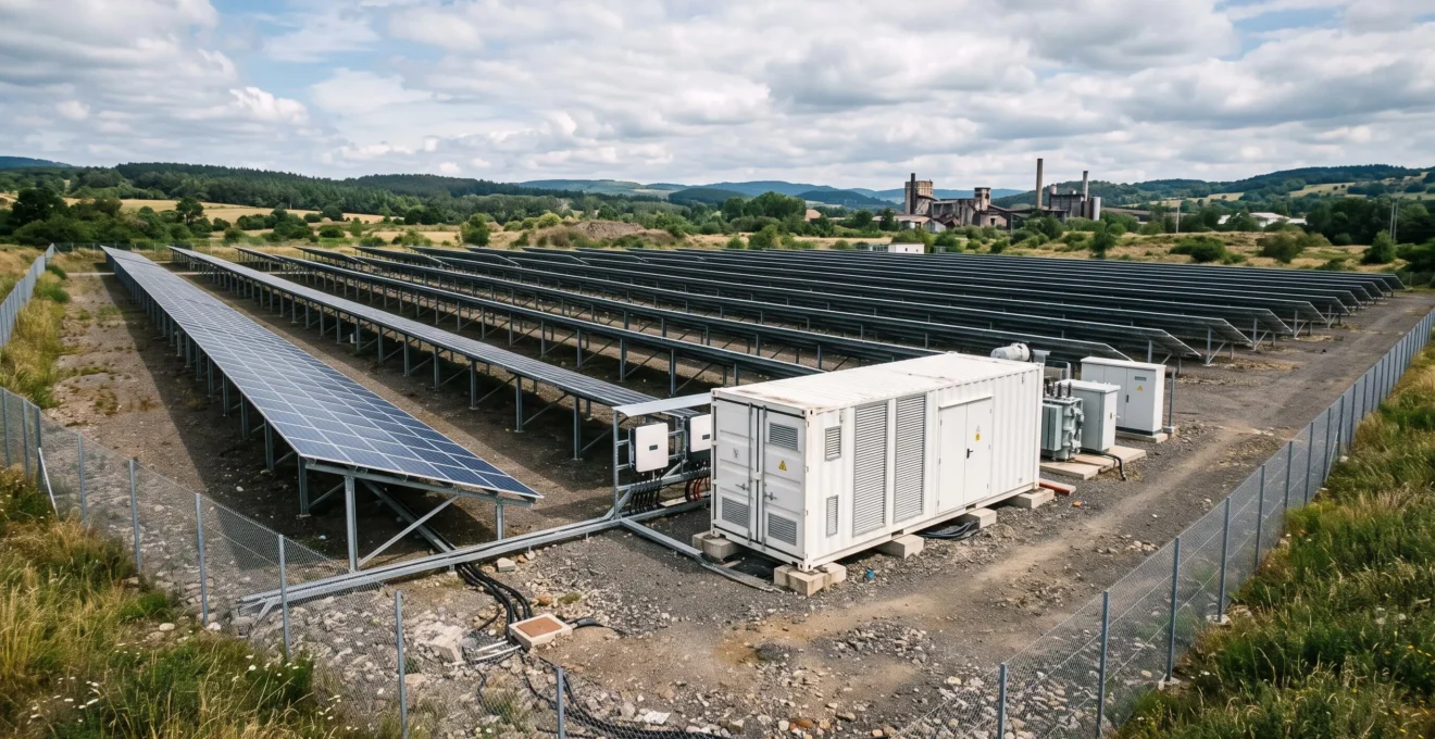 Installation photovoltaïque au sol avec conteneurs de stockage par batteries sur terrain industriel reconverti en Auvergne-Rhône-Alpes