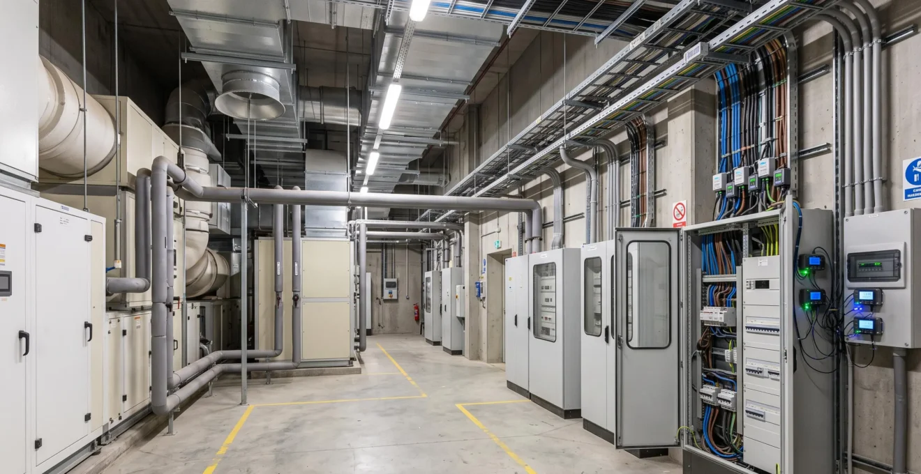 Installation technique d'équipements HVAC et de distribution électrique avec systèmes de monitoring dans un local technique professionnel