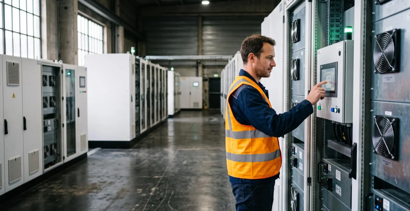 Technicien inspectant un système de batteries de stockage d'énergie à grande échelle dans une installation industrielle