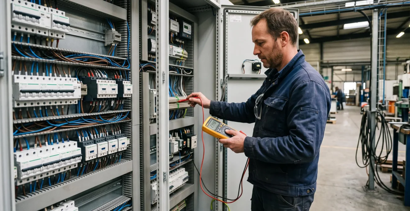 Technicien inspectant un tableau électrique industriel avec un multimètre dans une installation professionnelle