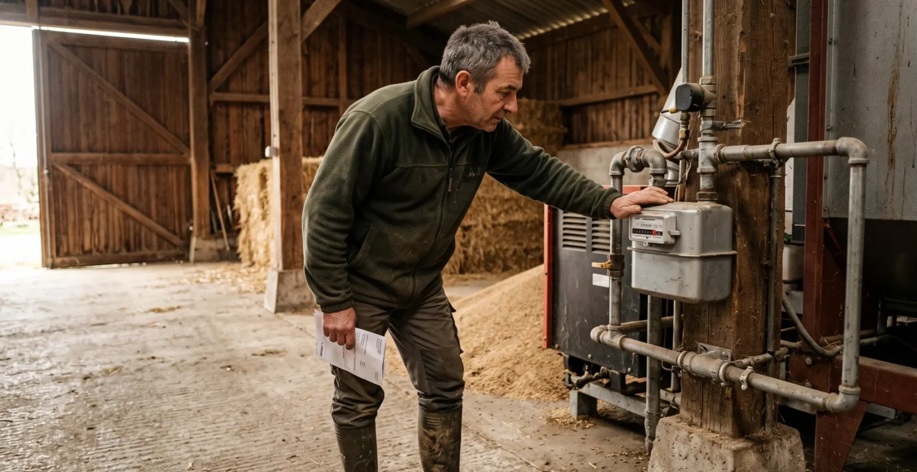 Un agriculteur examine le compteur de gaz d'une installation de séchage de grain dans une grange.