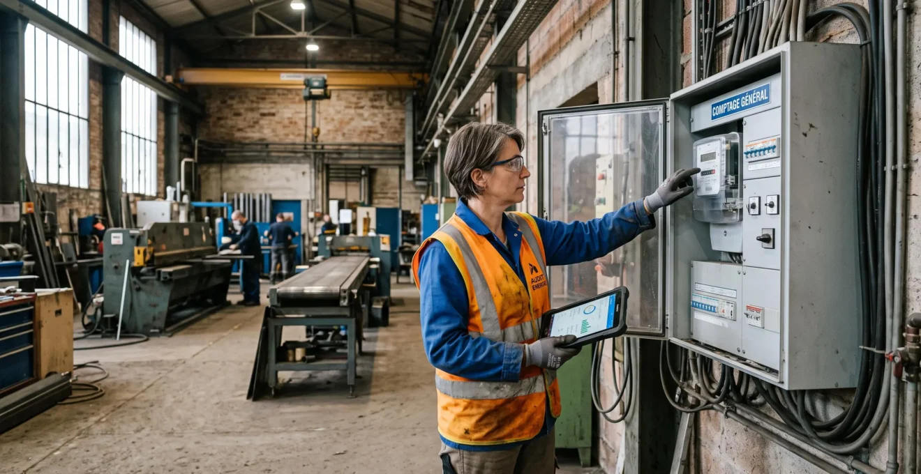 Auditrice énergétique lisant un compteur électrique dans un tableau de mesurage au sein d'un atelier industriel.