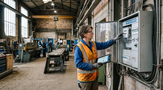 Auditrice énergétique lisant un compteur électrique dans un tableau de mesurage au sein d'un atelier industriel.