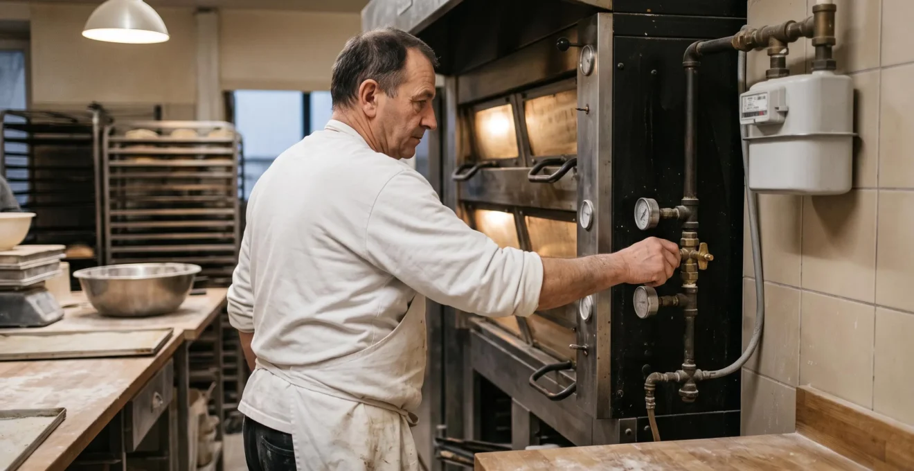Un boulanger ajuste la vanne de gaz d'un four professionnel dans son fournil, à côté du compteur de gaz.