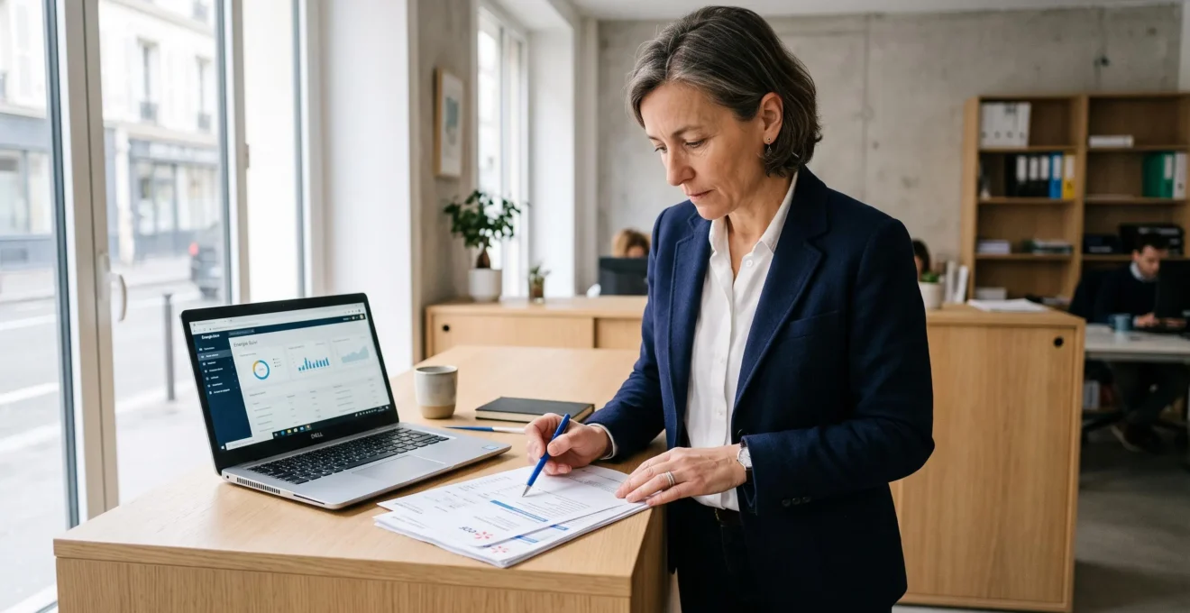 Dirigeante d'entreprise examinant des factures d'électricité sur un comptoir de bureau avec un ordinateur portable à côté.