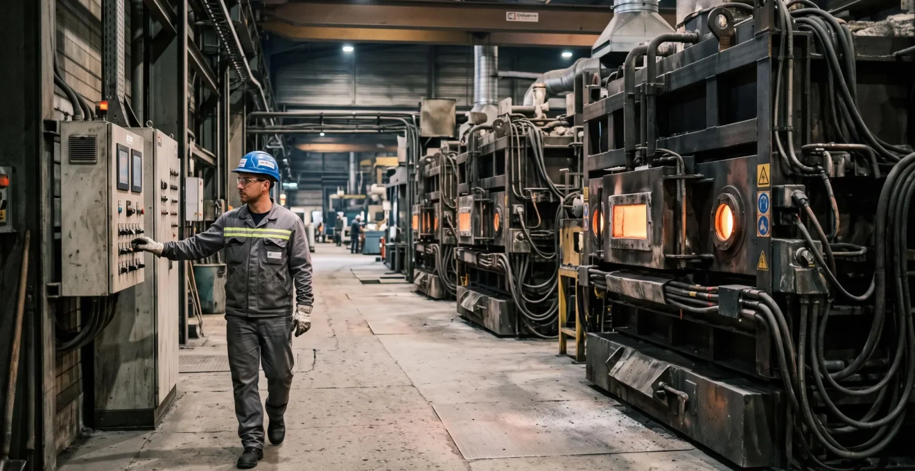 Technicien contrôlant un panneau de commande le long de fours industriels électriques dans une halle de production.