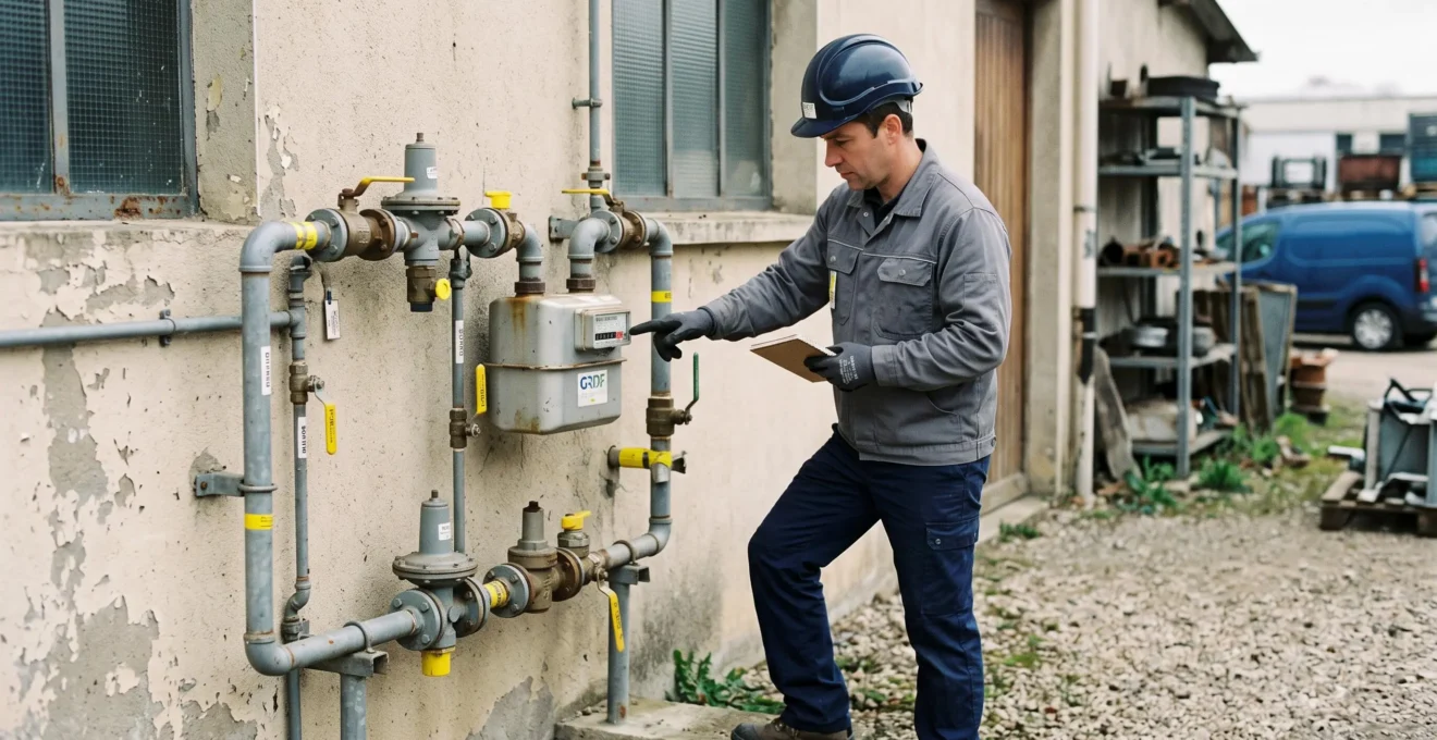 Un technicien relève l'index d'un compteur de gaz naturel installé sur la façade d'un atelier industriel en France.
